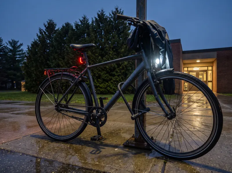 Generated scene: a city bike with its front and rear lights on, locked with a U-lock to a steel post on a wet path in the evening, a rain jacket over the handlebar.